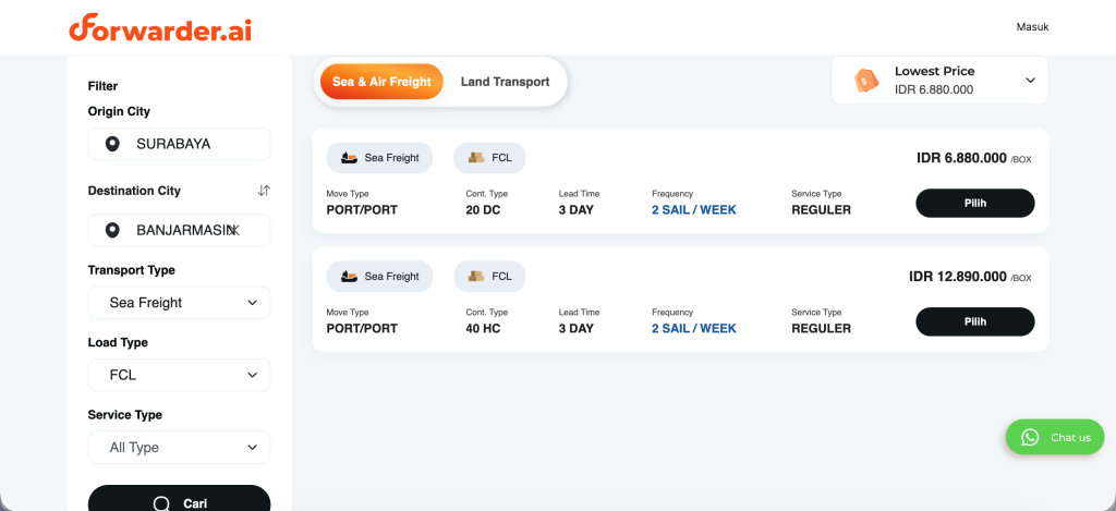 Langkah Booking Pengiriman FCL di Forwarder.ai