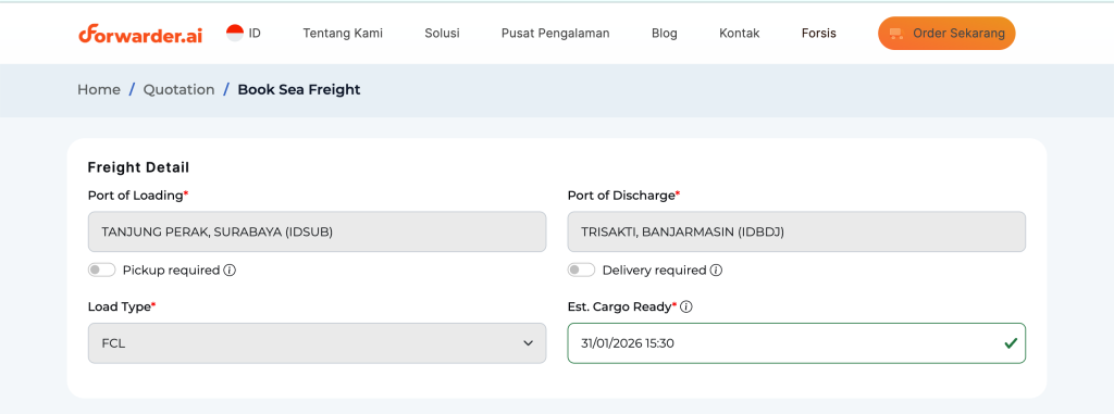 Langkah Booking Pengiriman FCL di Forwarder.ai