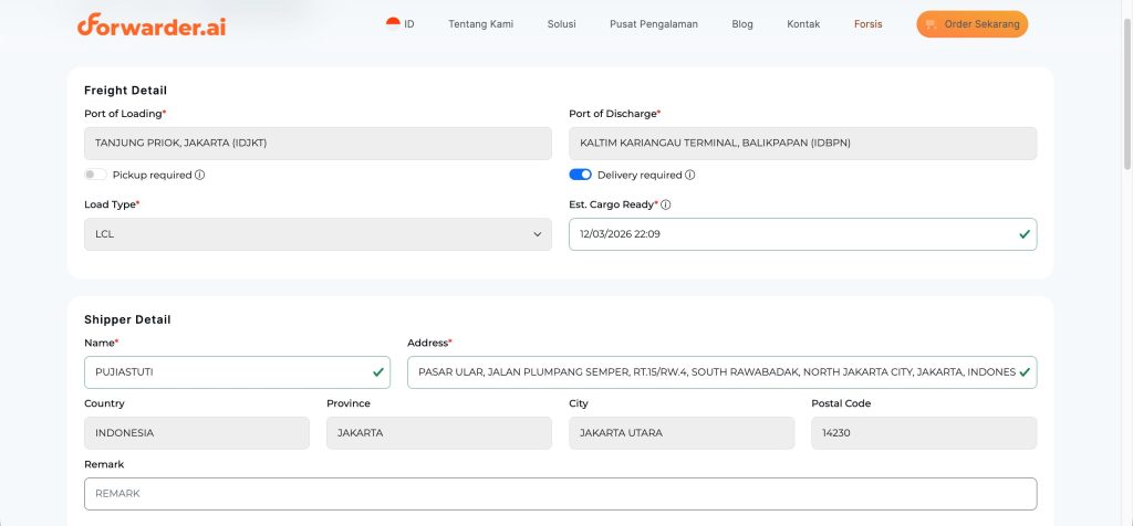 Langkah Booking Pengiriman LCL di Forwarder.ai